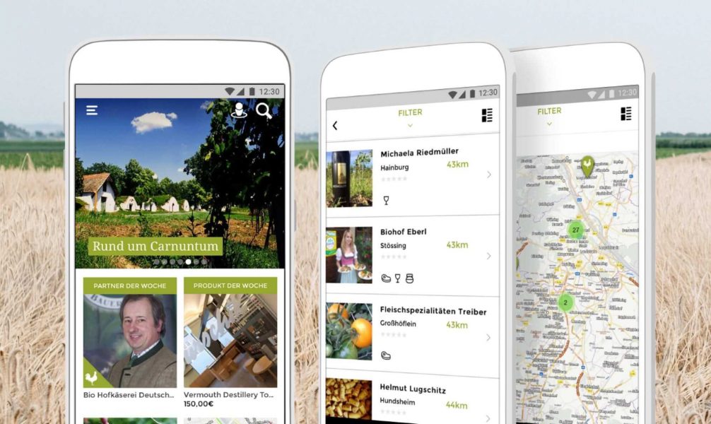 Ein Auszug aus der Abhof App wo alle Bauern aufgelistet werden bei denen man frische Lebensmittel kaufen kann